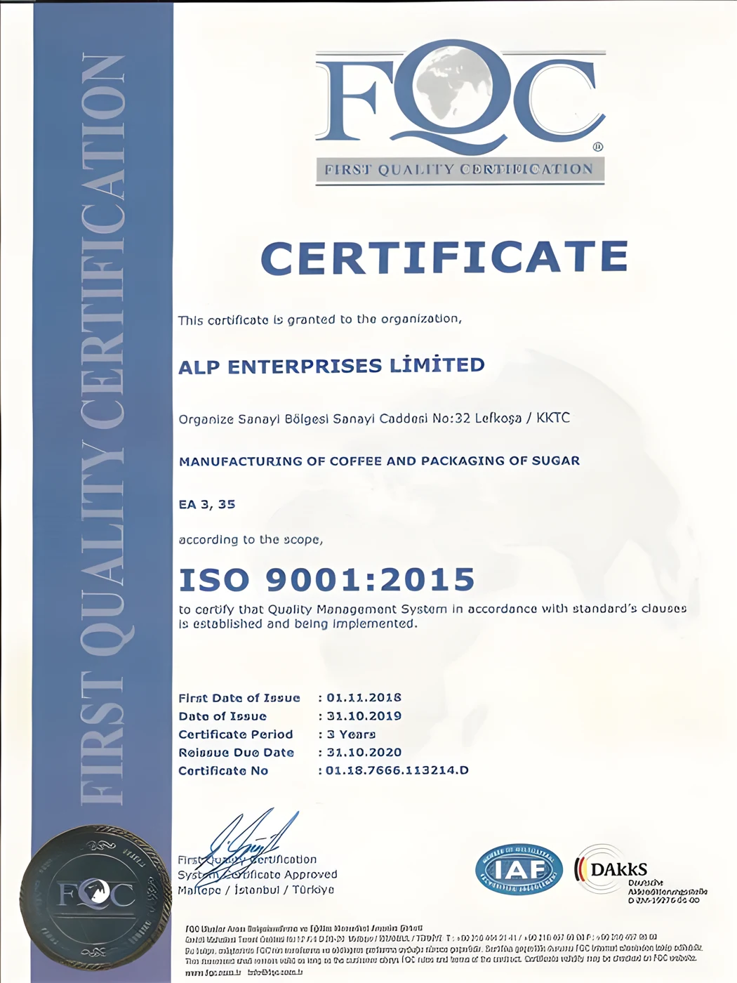 Alp Enterprises Limited ISO 9001:2015 Kalite Yönetim Sistemi sertifikası